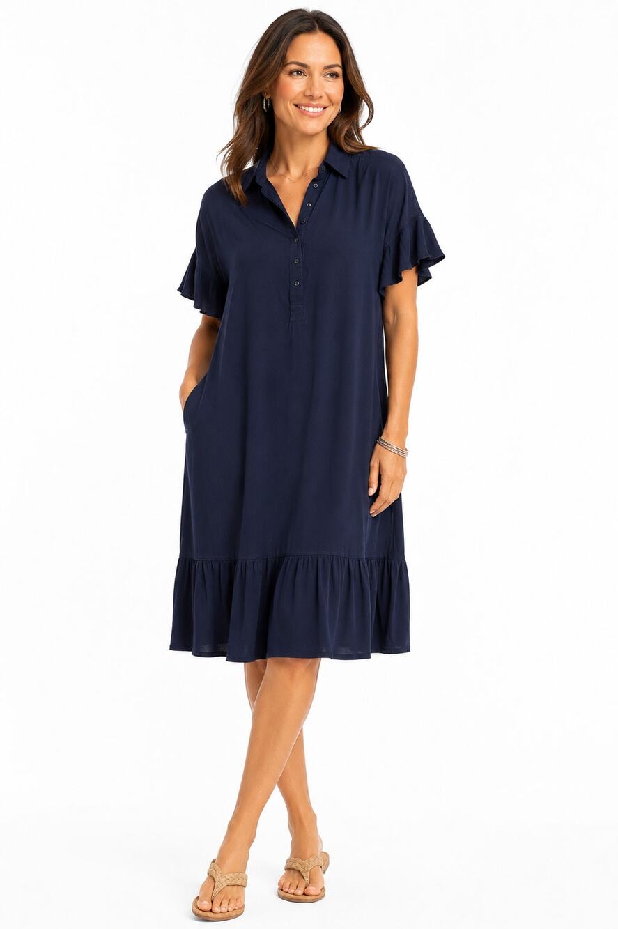 Chico’s Navy Blue 100% Modal Ruffle Hem Shirt Dress Size 1 Medium